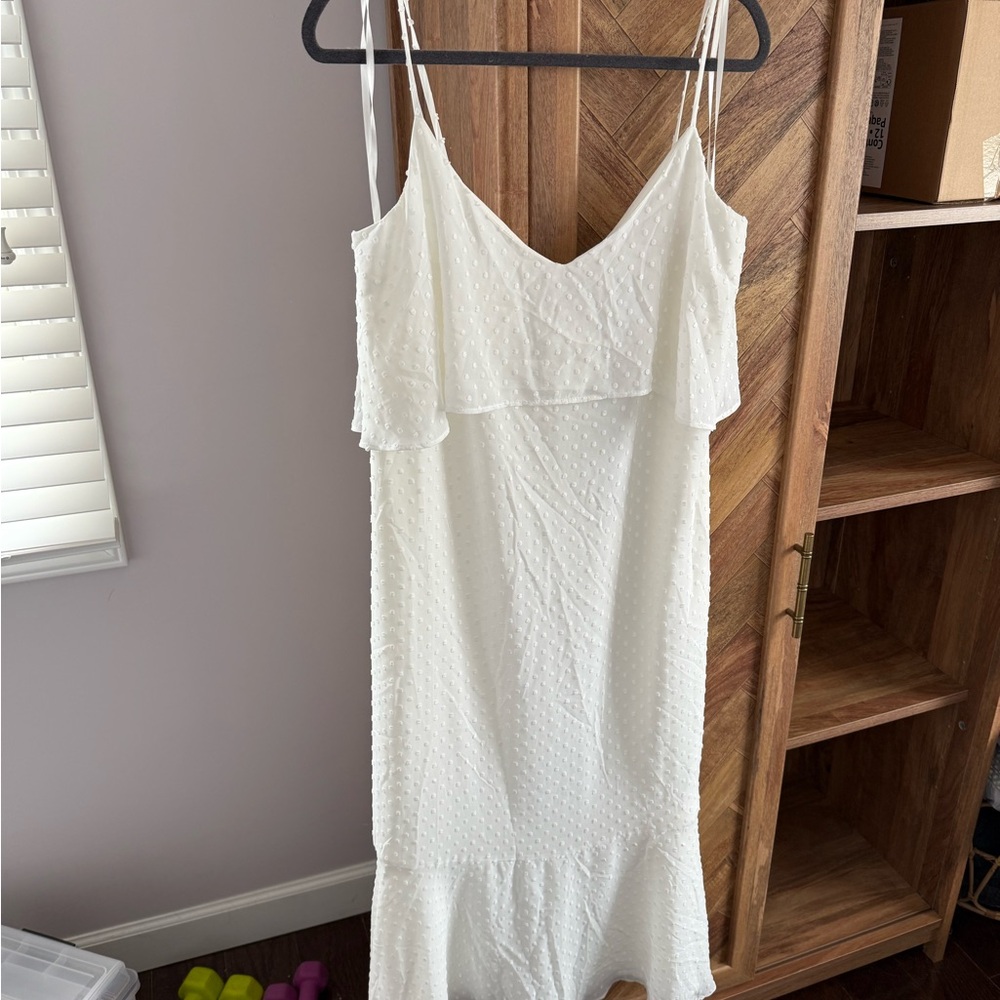 BCBGMaxAzria White Swiss Dot Ruffle Detail Dress